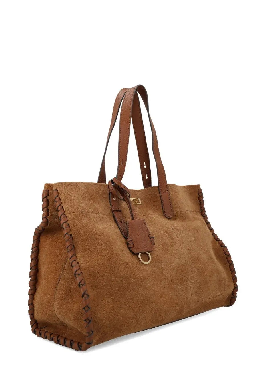 Tan suede tote bag with braided leather trim and brown leather handles by anya hindmarch women