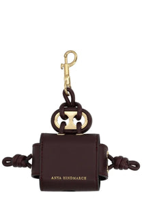 Anya Hindmarch women’s earphone case brown with dark brown leather keychain gold-tone hardware braided details