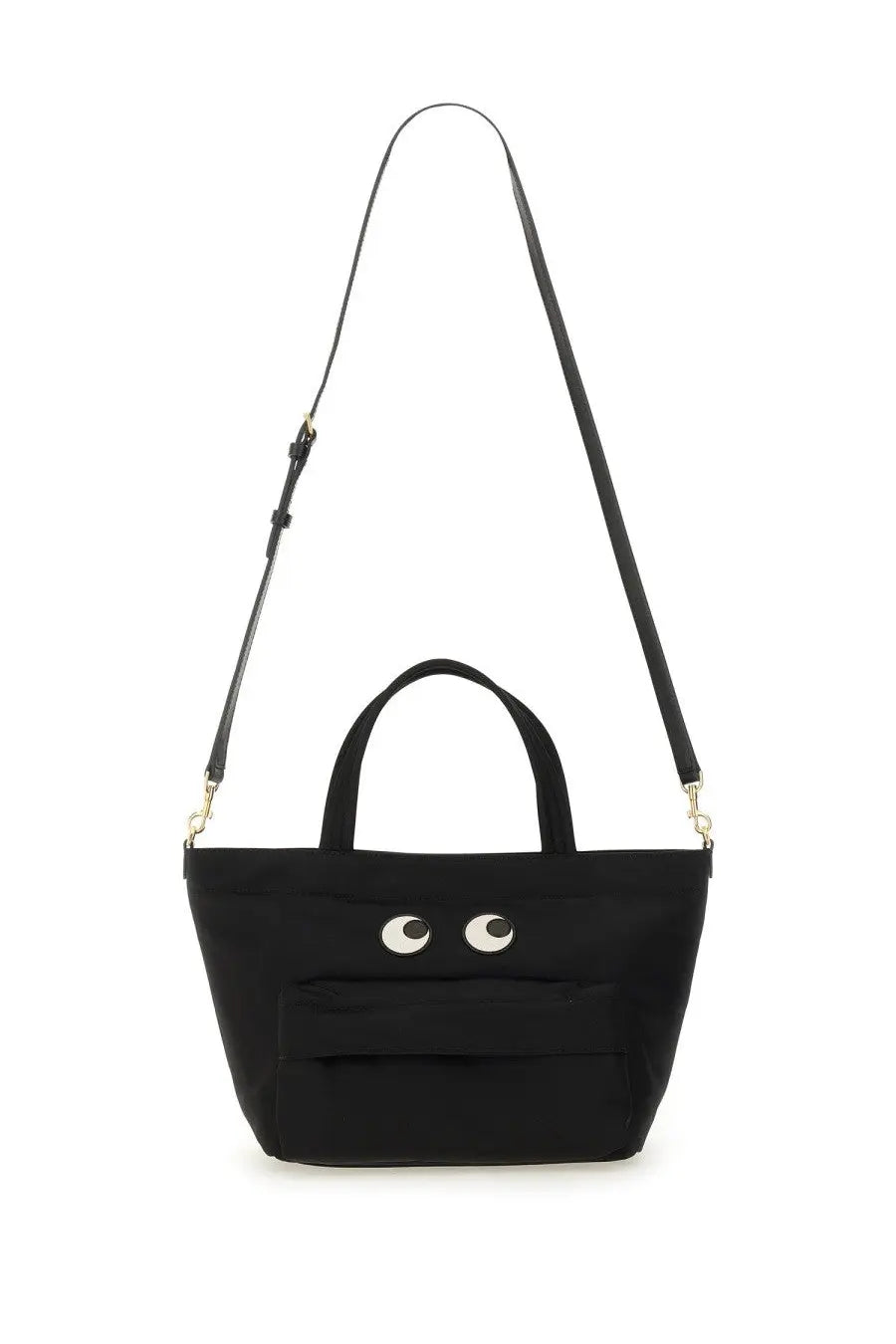 Anya Hindmarch women’s mini black canvas tote bag with playful white embroidered eyes and adjustable shoulder strap