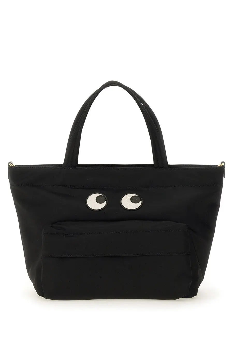 Anya Hindmarch women’s black canvas mini tote bag with playful white and black embroidered eyes on the front