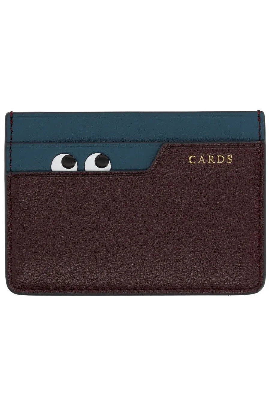 Anya hindmarch women’s burgundy leather card holder with teal top panel and gold foil cards lettering featuring cartoon eyes