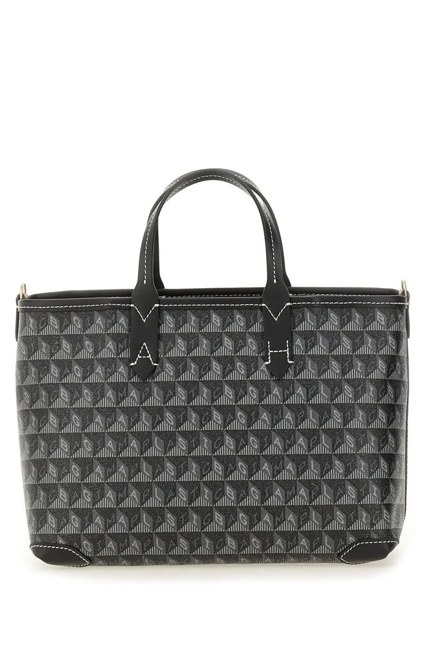 Anya Hindmarch women’s AM plastic tote bag in black with black and gray geometric pattern and white stitching