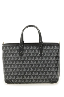 Anya Hindmarch women’s AM plastic tote bag in black with black and gray geometric pattern and white stitching