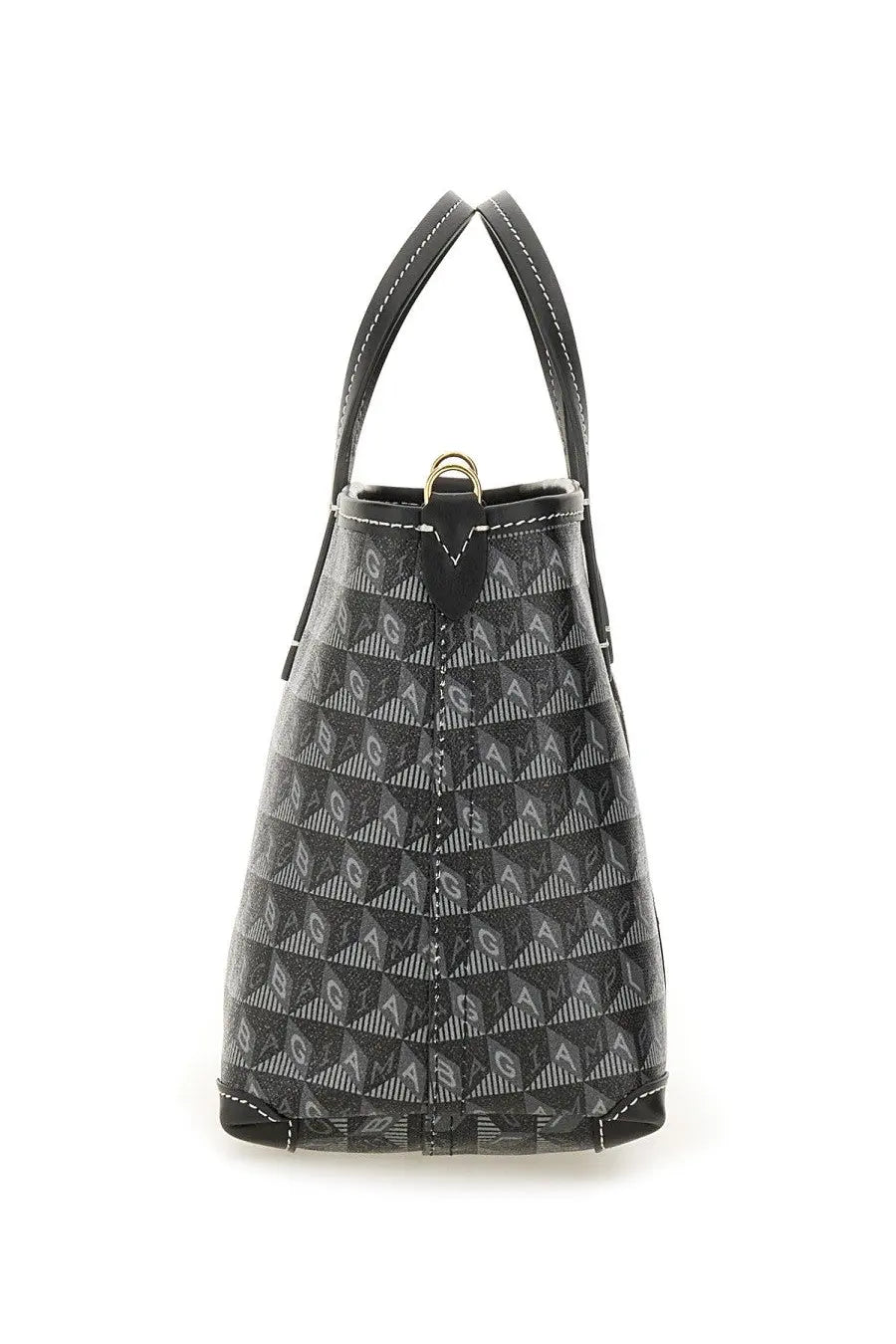 Anya Hindmarch women’s AM plastic bag tote bag black with black and gray geometric pattern and white stitched edges