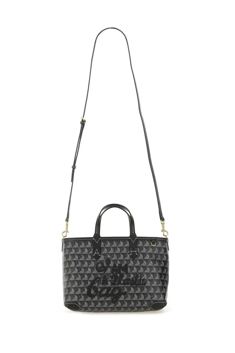 Anya Hindmarch women’s AM plastic bag tote bag black with repeating geometric pattern and gold tone hardware