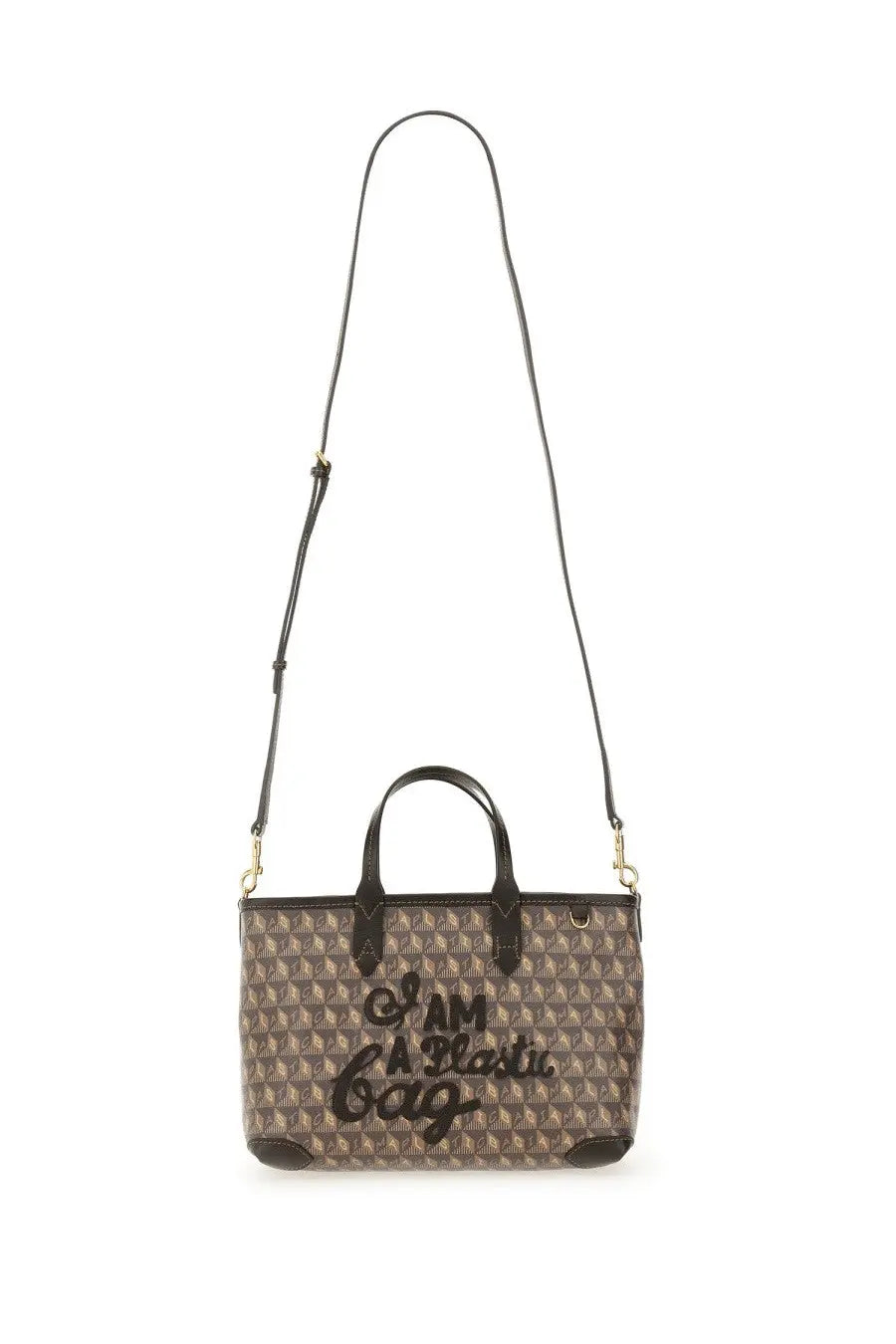 Anya Hindmarch women’s brown patterned plastic tote bag with black handles shoulder strap and i am a bag text