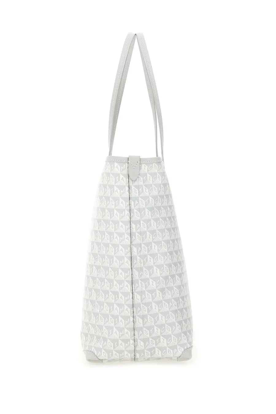 Anya Hindmarch women’s AM plastic bag wink tote bag blue with light gray geometric pattern and matching shoulder straps