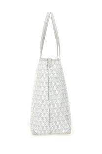 Anya Hindmarch women’s AM plastic bag wink tote bag blue with light gray geometric pattern and matching shoulder straps