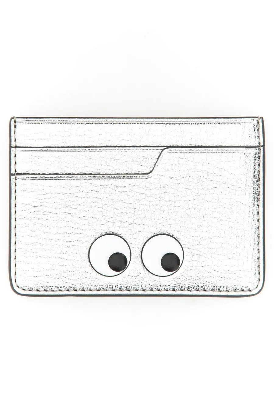 Anya Hindmarch women’s portacarte eyes silver textured card holder with playful black and white googly eyes