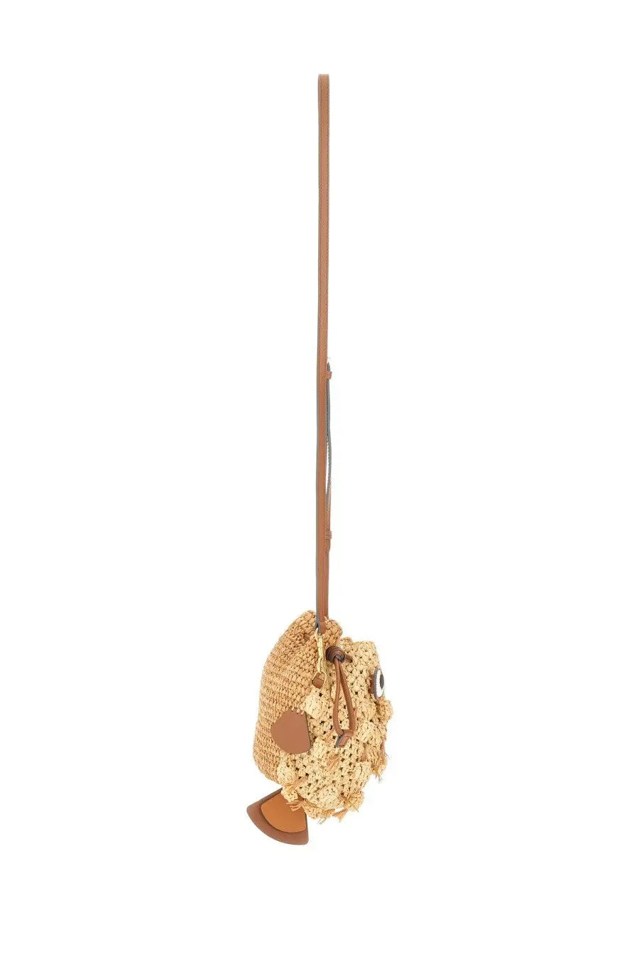 Anya Hindmarch women’s shoulder bag blowfish beige tan woven straw owl-shaped crossbody bag with brown leather accents