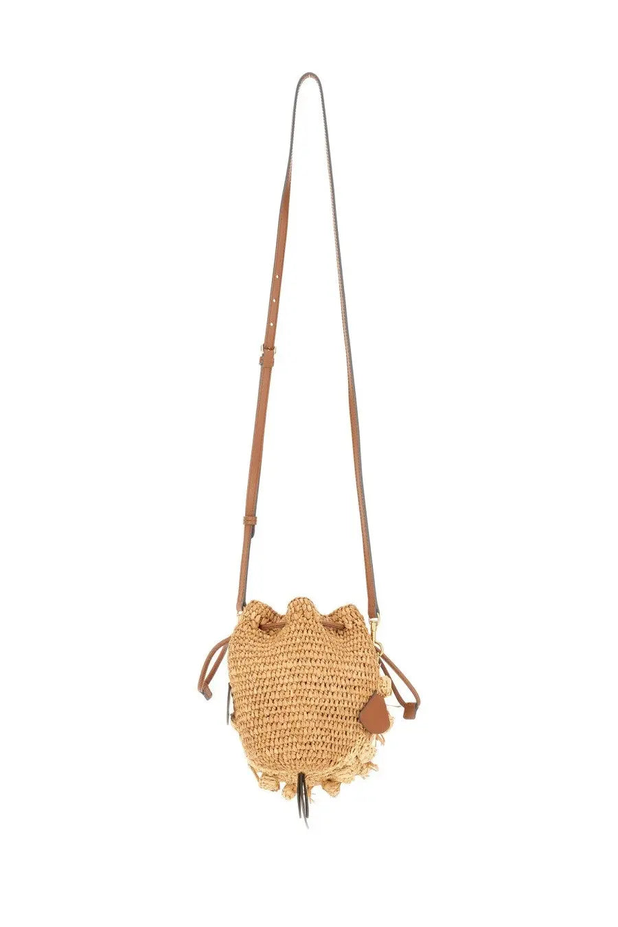 Anya Hindmarch women’s shoulder bag blowfish beige tan woven straw bucket bag with brown leather strap and accents