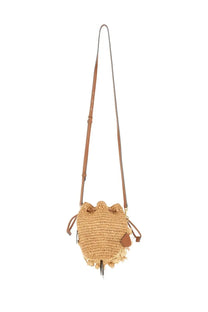 Anya Hindmarch women’s shoulder bag blowfish beige tan woven straw bucket bag with brown leather strap and accents