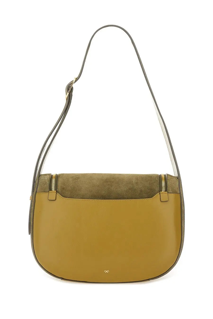 Anya Hindmarch women’s shoulder bag Vere green two-tone olive green and mustard yellow leather crossbody with suede accents