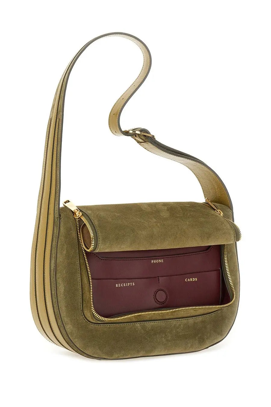 Anya Hindmarch women’s shoulder bag in olive green suede with maroon interior and gold-tone zippers