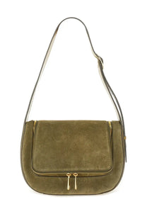 Anya Hindmarch women’s shoulder bag in olive green suede with gold-tone zipper and hardware details