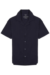 Black short-sleeved button-up shirt with subtle vertical pinstripes from Archivium Be Updated men’s camicia con collo bowling blue