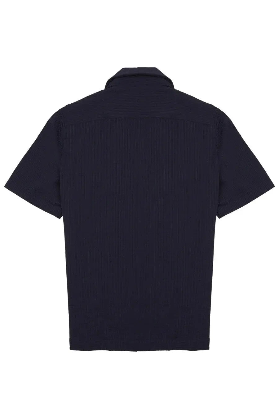 Archivium be updated men’s black short-sleeved button-up shirt with subtle ribbed texture in bowling blue style