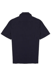 Archivium be updated men’s black short-sleeved button-up shirt with subtle ribbed texture in bowling blue style