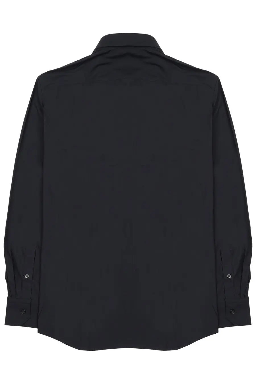 Black long-sleeved button-down shirt with a classic collar and subtle stitching details.