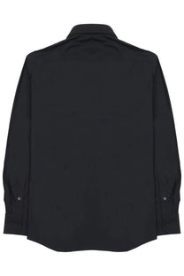 Black long-sleeved button-down shirt with a classic collar and subtle stitching details.