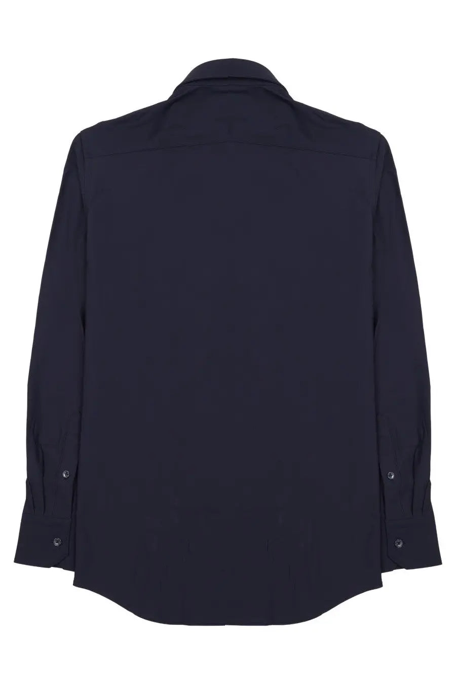 Dark navy blue long-sleeved button-up shirt with classic collar and subtle stitching in archivium be updated tessuto tecnico blue