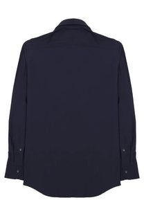 Dark navy blue long-sleeved button-up shirt with classic collar and subtle stitching in archivium be updated tessuto tecnico blue