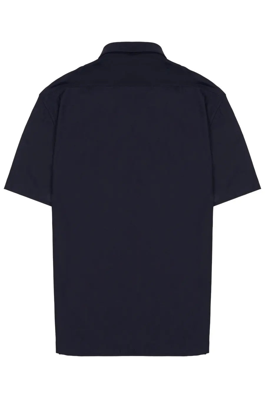 Black short-sleeved button-up shirt with classic collar and minimalist design from archivium be updated men’s polo blue