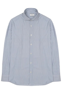 Archivium be updated men’s crisp long-sleeved dress shirt with fine blue and white vertical stripes and button-down collar