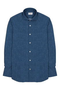 Archivium be updated men’s navy blue textured cotton button-down shirt with subtle heathered pattern and white buttons