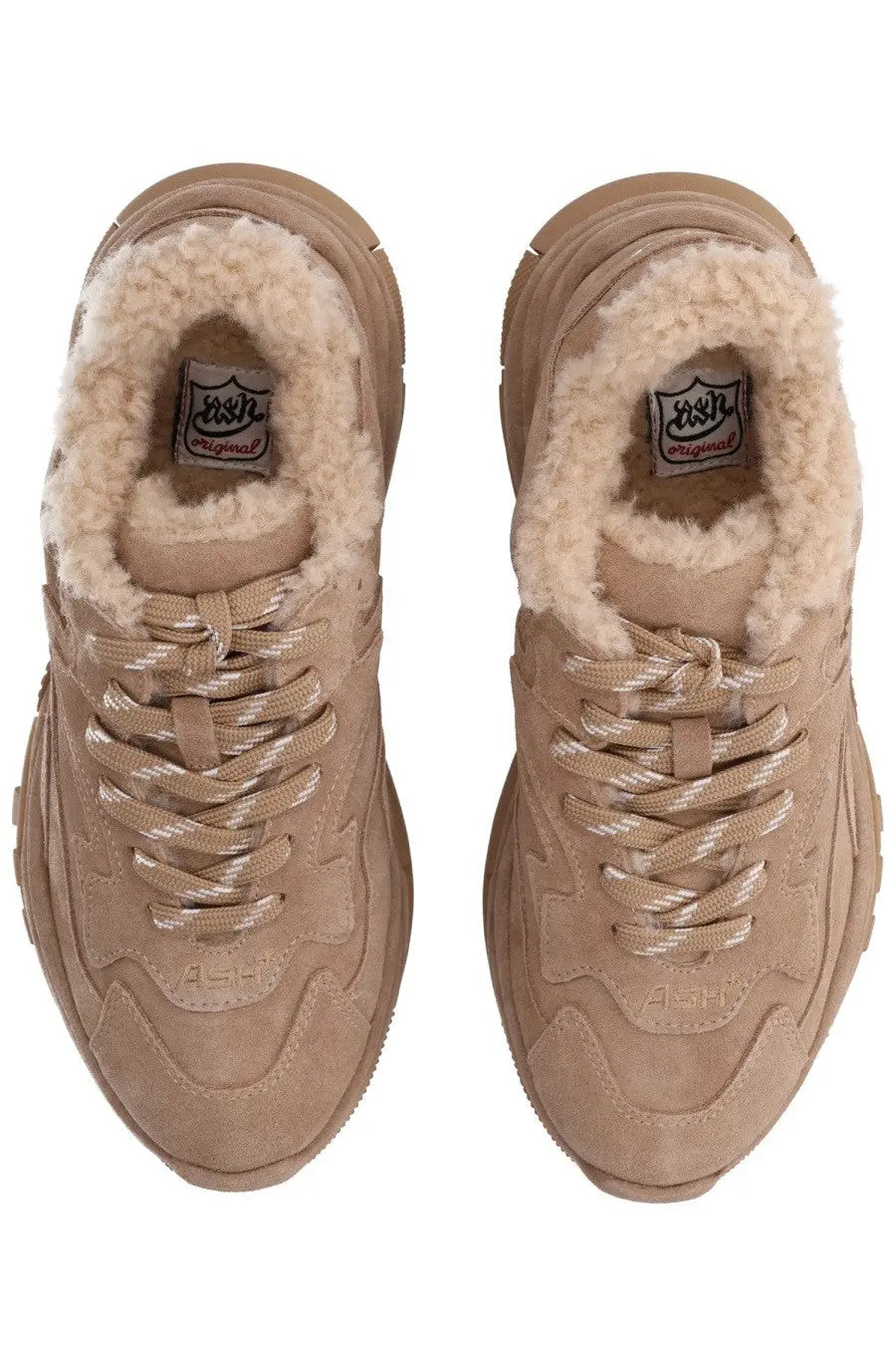 Beige suede ash women’s addict bis fur sneaker with plush shearling lining and chunky rubber soles in brown