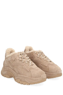Beige suede ash women’s addict bis fur sneaker with plush shearling lining and chunky soles in brown color