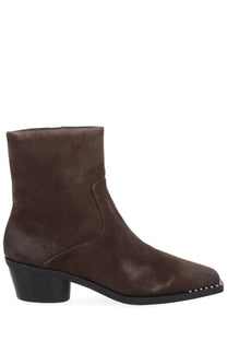 Ash women’s boot Hasley brown brown suede ankle boot with black block heel and silver studs along the toe