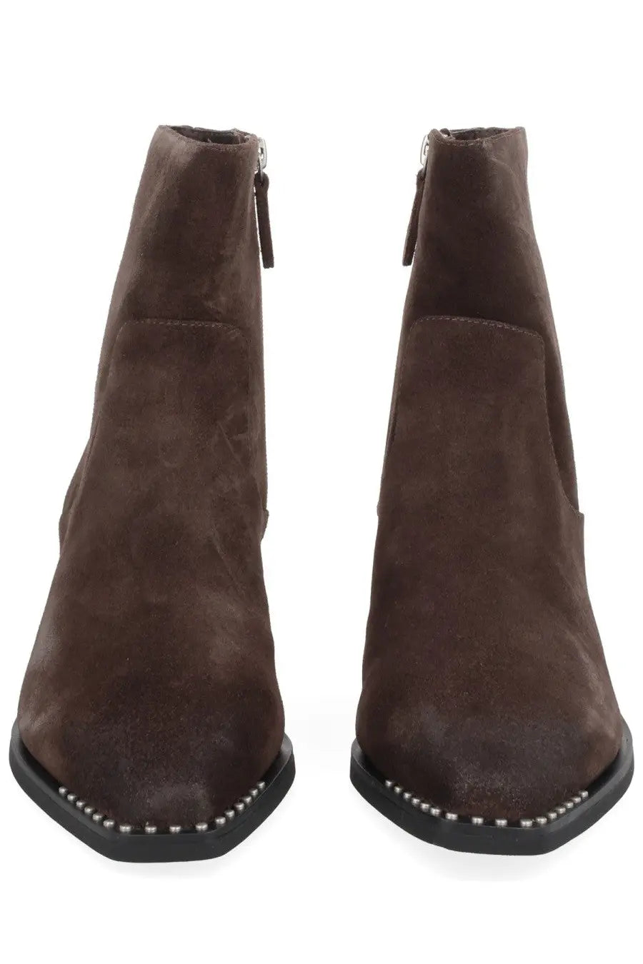 Ash women’s boot Hasley brown suede ankle boots with pointed toe black rubber sole and silver stud accents