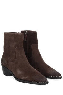 Ash women’s boot Hasley brown features brown suede ankle boots with pointed toe and silver stud accents on the front edge