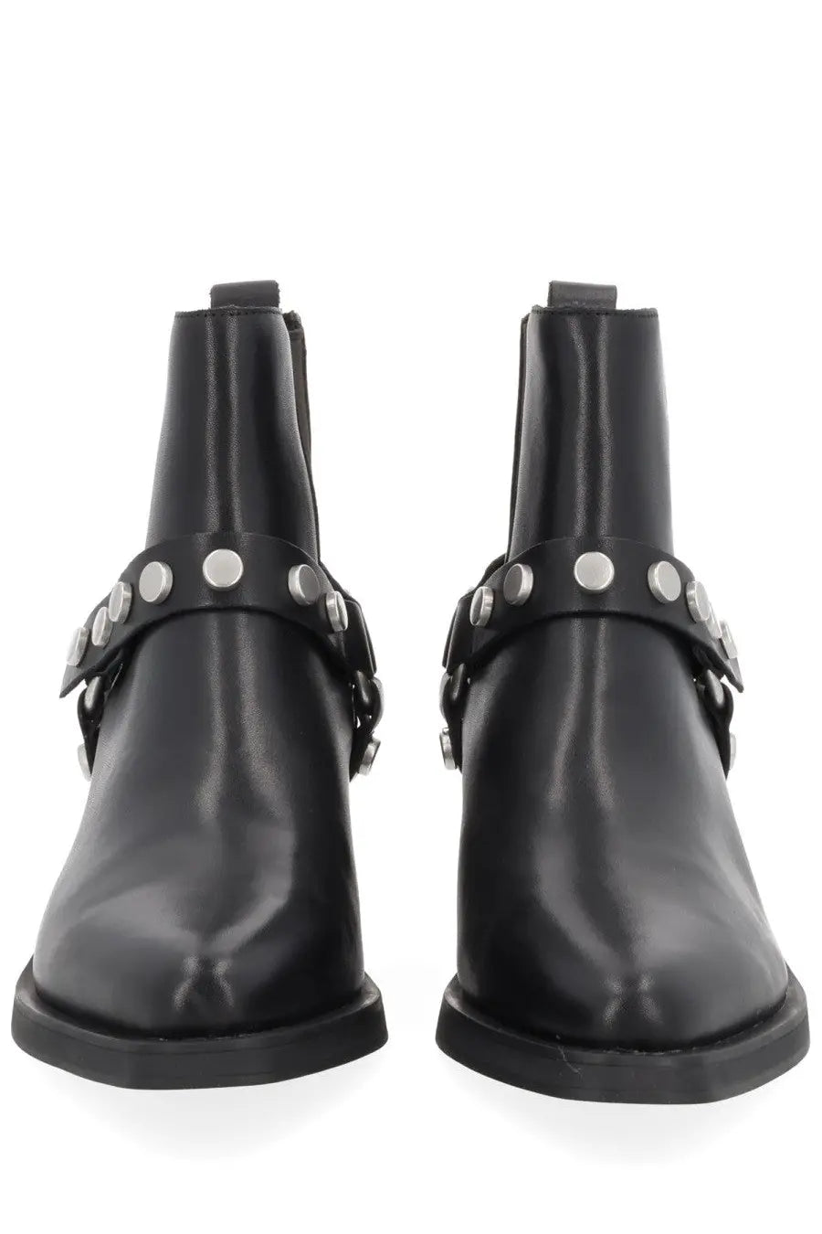 Ash women’s boot logan black leather ankle boots with silver circular studs on decorative strap