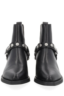 Ash women’s boot logan black leather ankle boots with silver circular studs on decorative strap