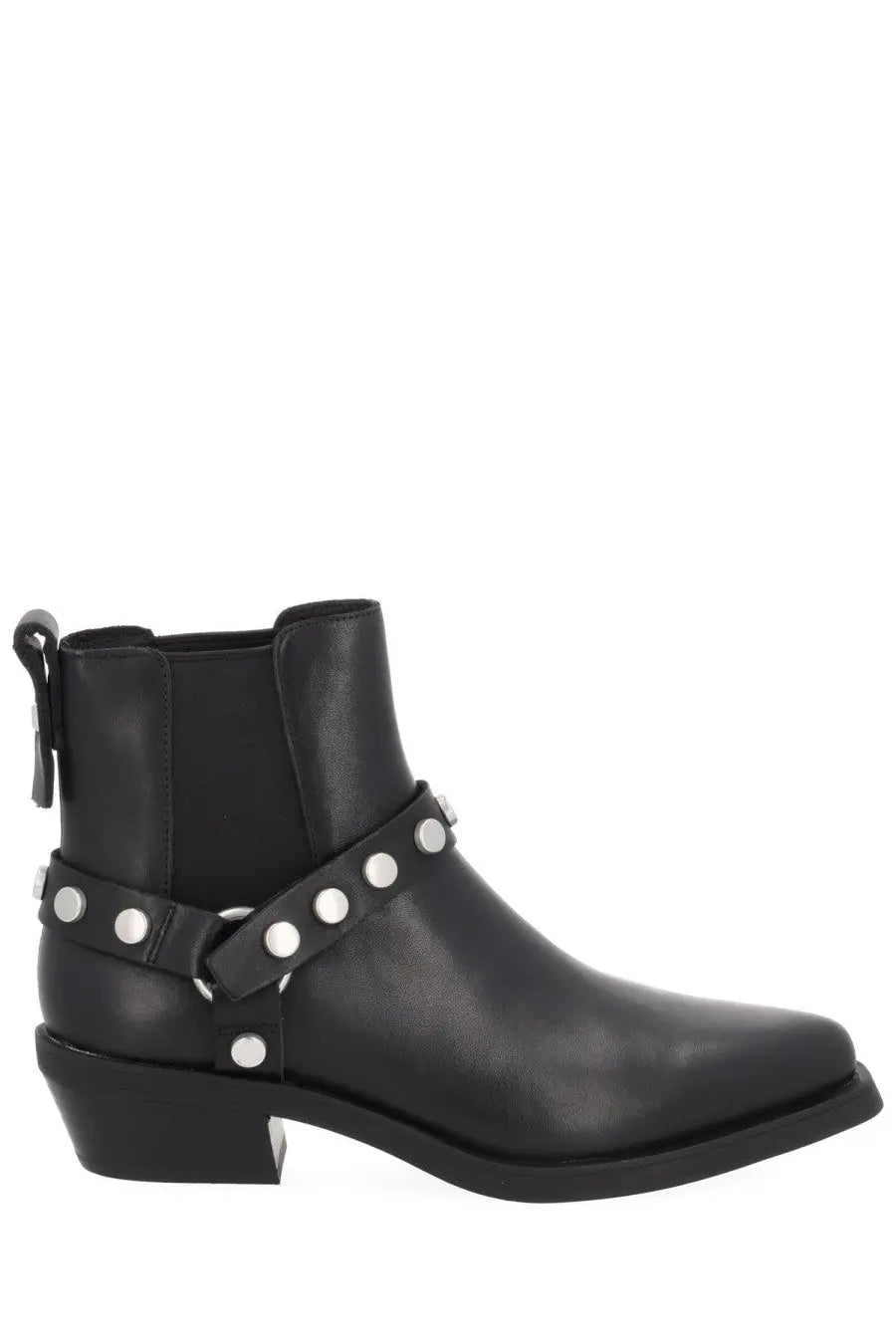 Ash women’s boot logan black black leather ankle boot with silver studs and buckle strap visible from the back side
