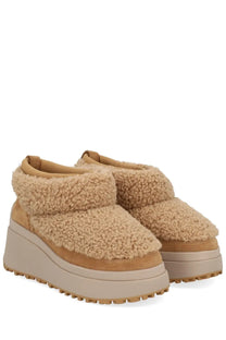Ash women’s boot olympia beige featuring tan shearling platform boots with suede trim and chunky beige sole