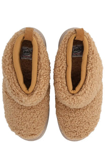 Ash women’s boot olympia beige tan plush sheepskin-style slip-on slippers with soft fuzzy texture and contrasting lining