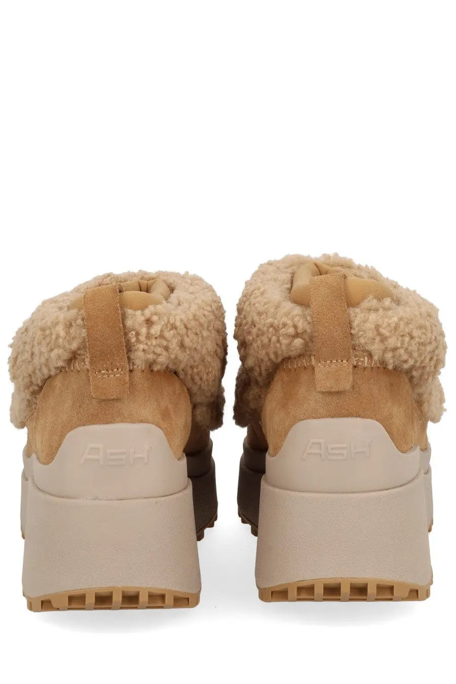 Ash women’s boot olympia beige tan shearling lined chunky platform sneakers with suede accents and bold rubber sole