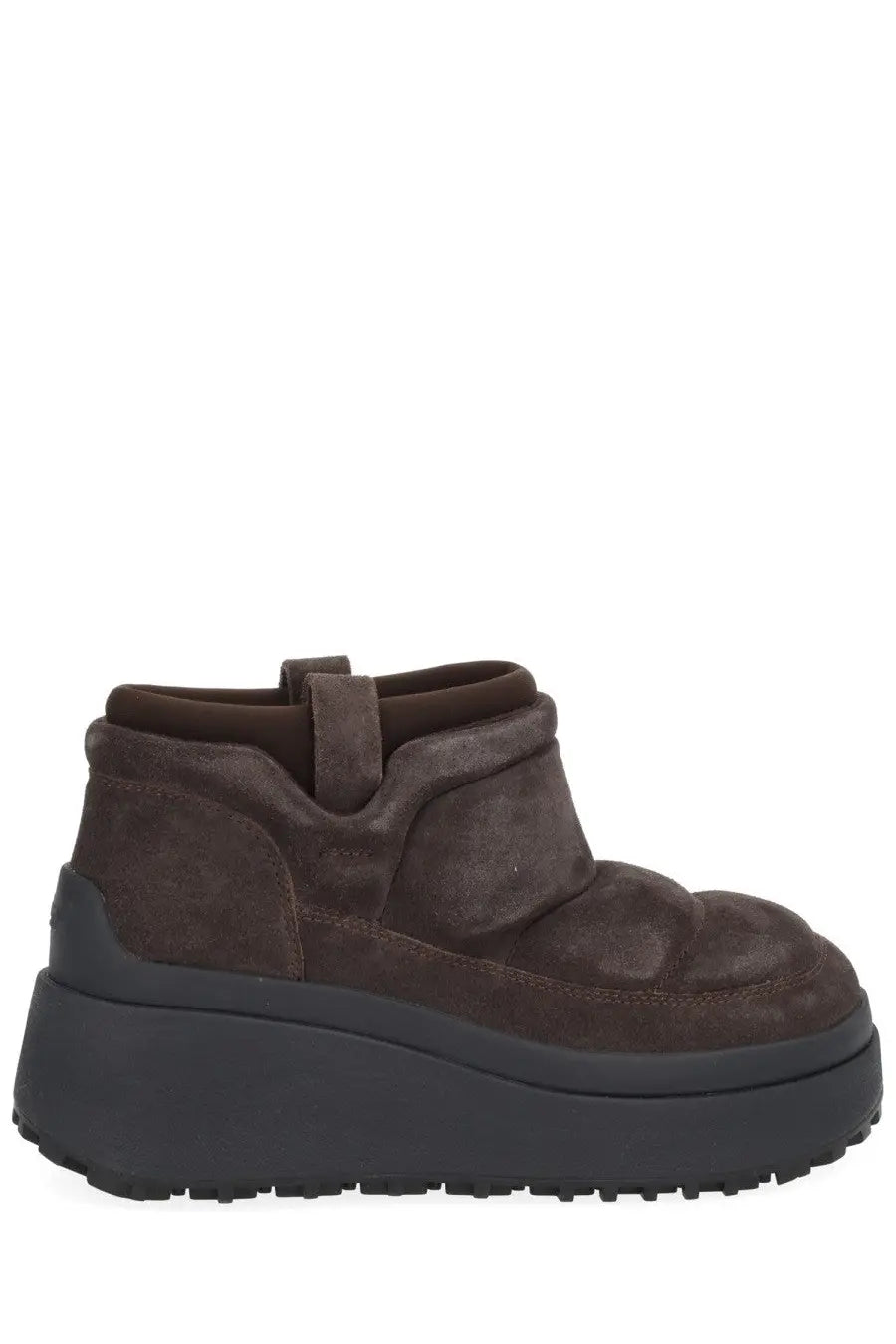 Brown suede ankle boot with thick black platform sole and pull tab at back showing rear view of ash womens boot onyx brown