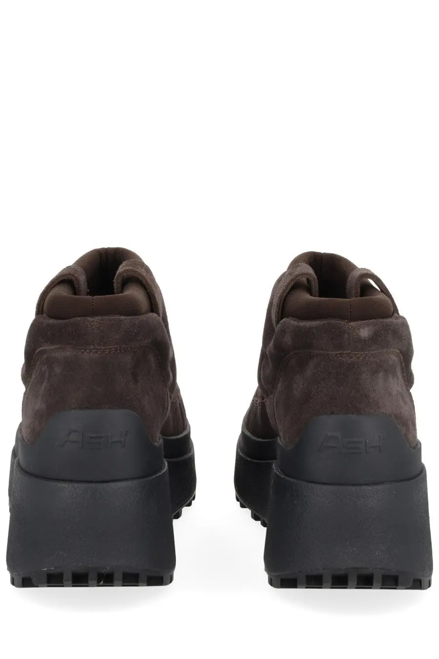 Ash women’s boot Onyx brown suede platform boots with black rubber soles and chunky heels facing back view
