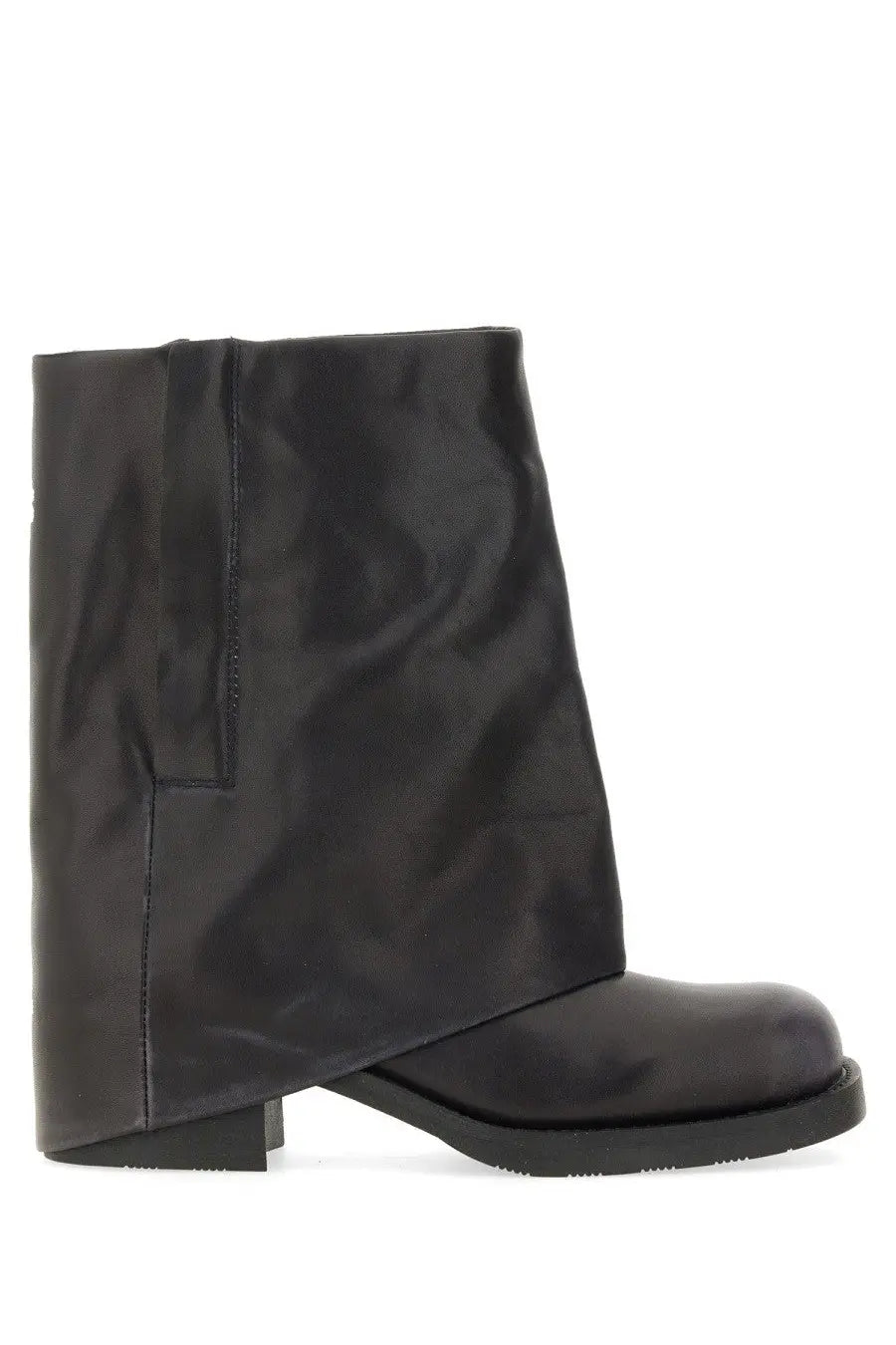 Ash women’s black leather ankle boot with distinctive draped upper and block heel shown from the back side