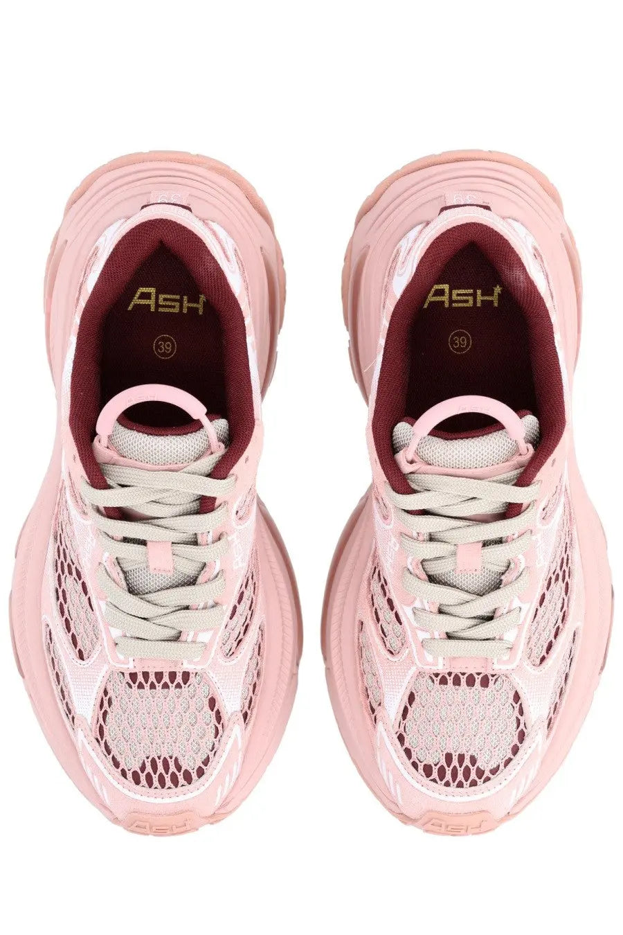 Ash women’s Dragon sneaker in pink and maroon mesh with chunky sole featuring Ash brand name on the insole