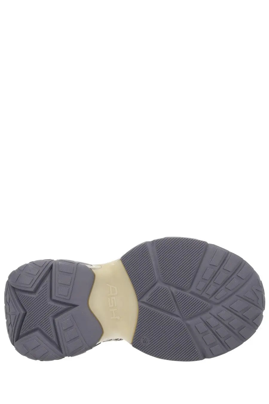 Gray rubber sole with beige midsole and geometric tread pattern on ash women’s dragon sneaker gray with hsd logo