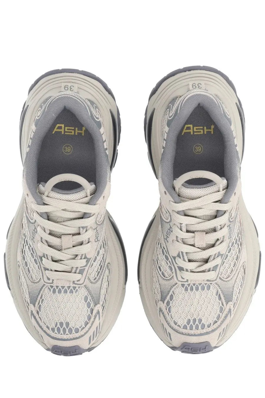 Ash women’s dragon sneaker grey featuring textured beige and gray mesh upper with bold chunky soles