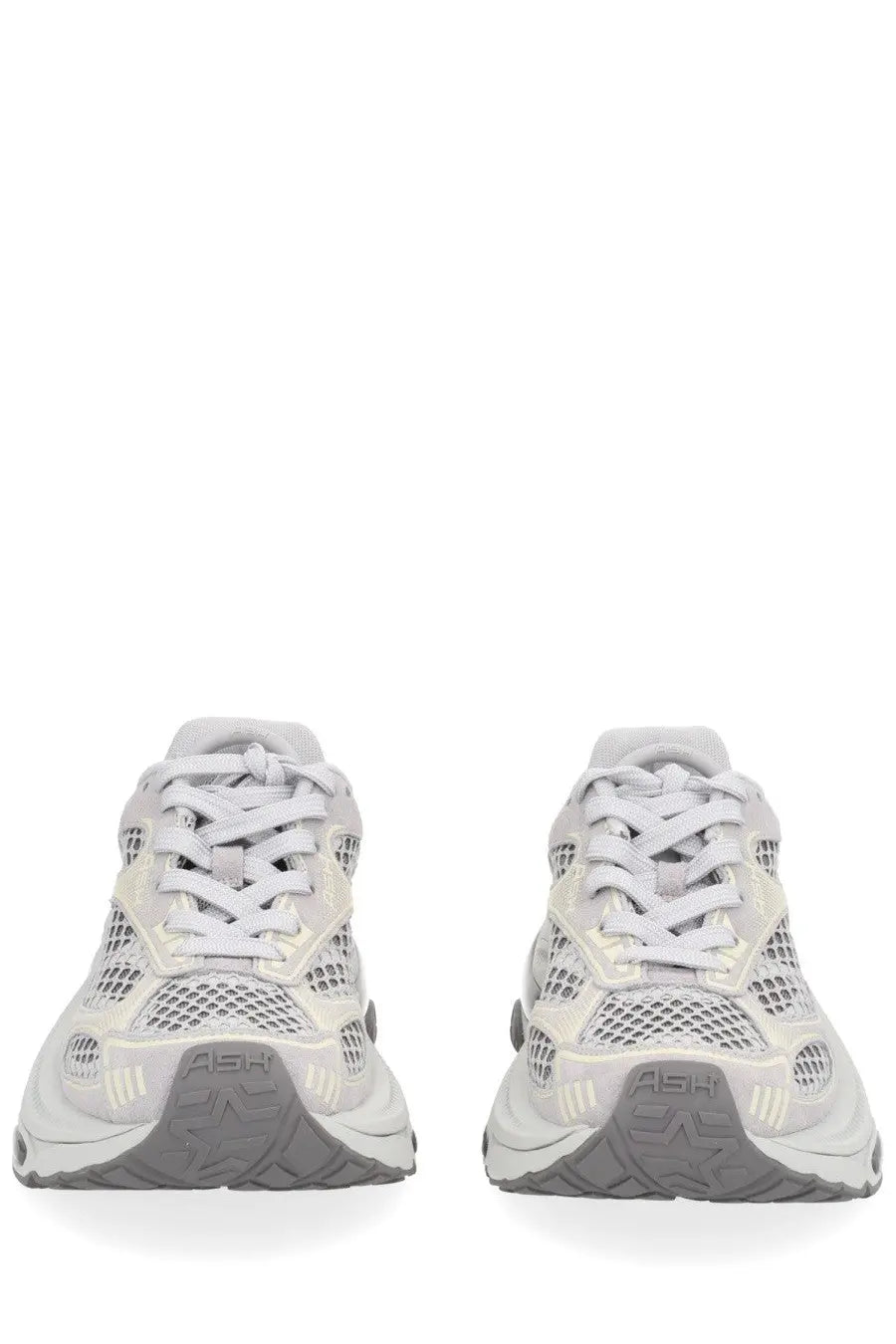Back view of ash women’s dragon sneaker grey white and gray mesh with chunky sole and ash logo on the heel