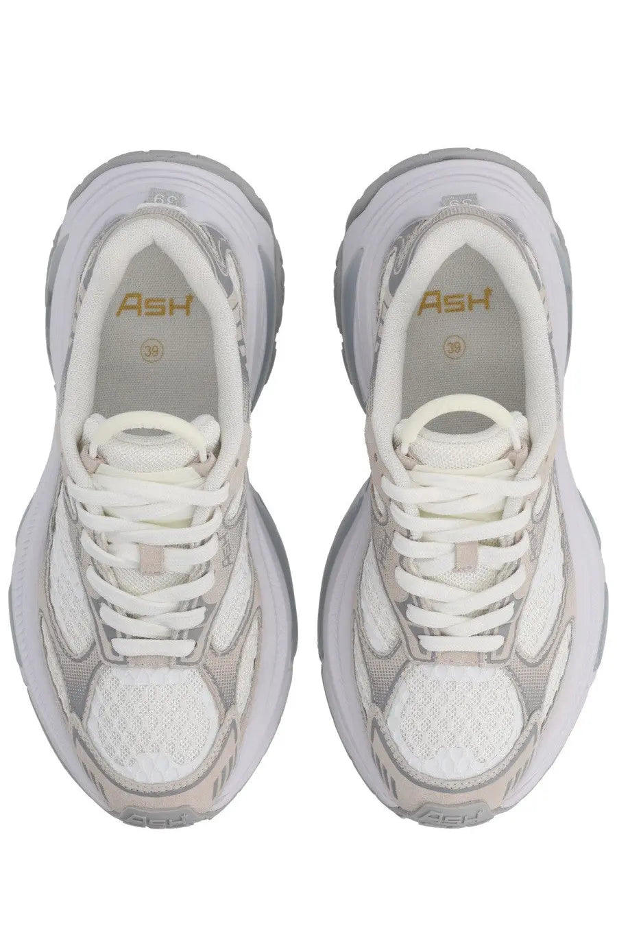Ash womens dragon sneaker white with chunky sole gray and white mesh upper and gold branding on the insole