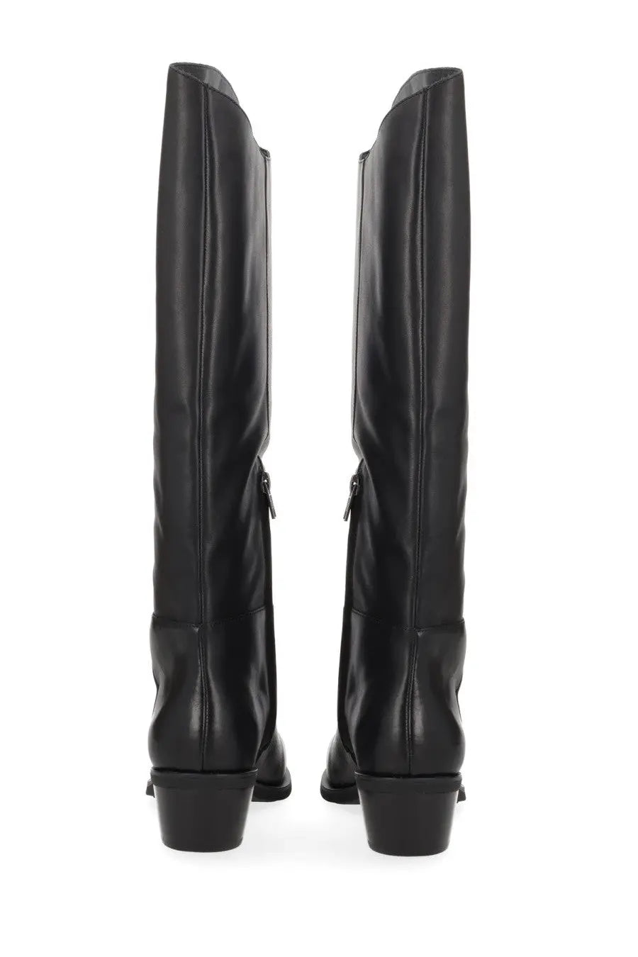 Ash women’s harpo western boot black featuring black leather knee-high design with sleek glossy finish and low block heels