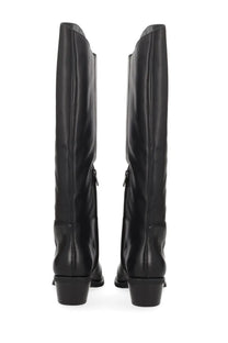 Ash women’s harpo western boot black featuring black leather knee-high design with sleek glossy finish and low block heels
